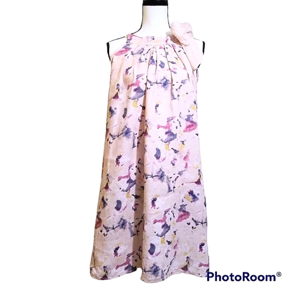 BELLAMBRA LINEN FLORAL HALTER TRAPEZE DRESS SZ XS SUMMER LIGHTWEIGHT CHIC TUNIC